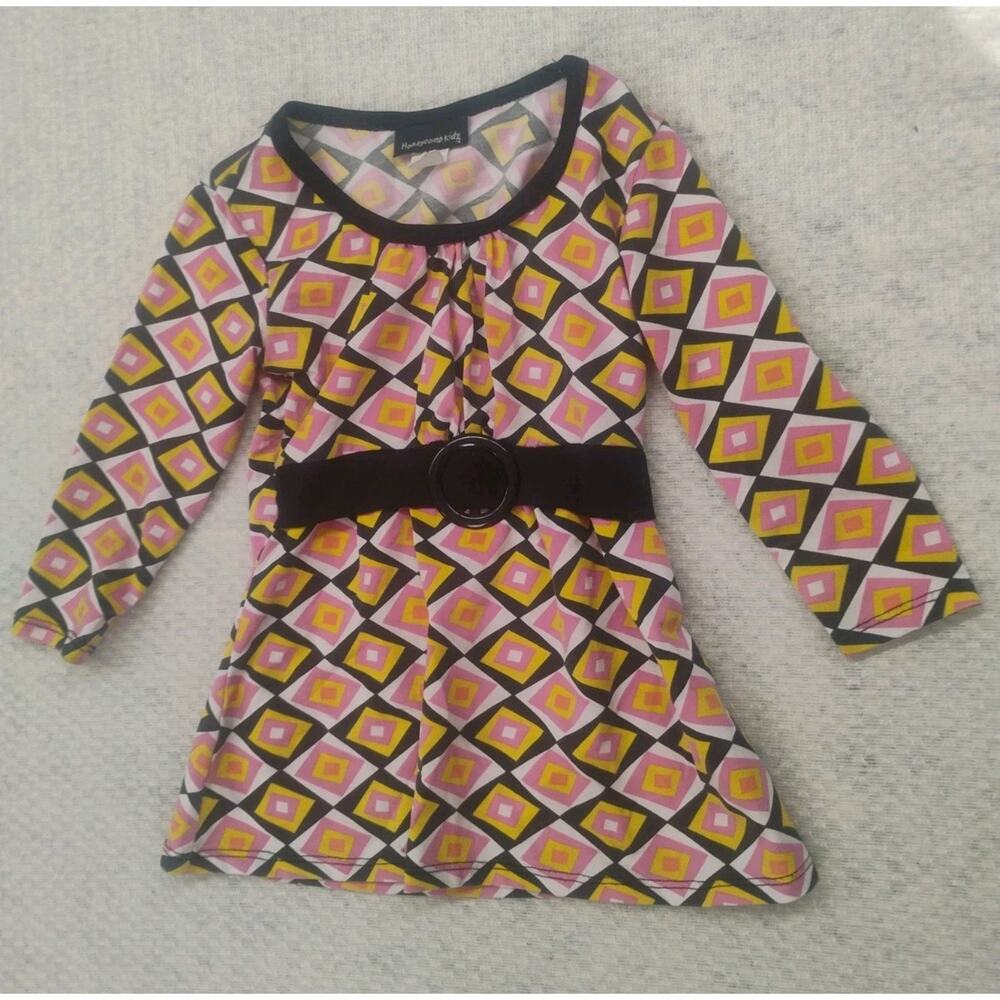 Honeycomb Kidz Girls Pink Geometric Diamond Print Long Sleeve Dress Size 7/8 Y2K